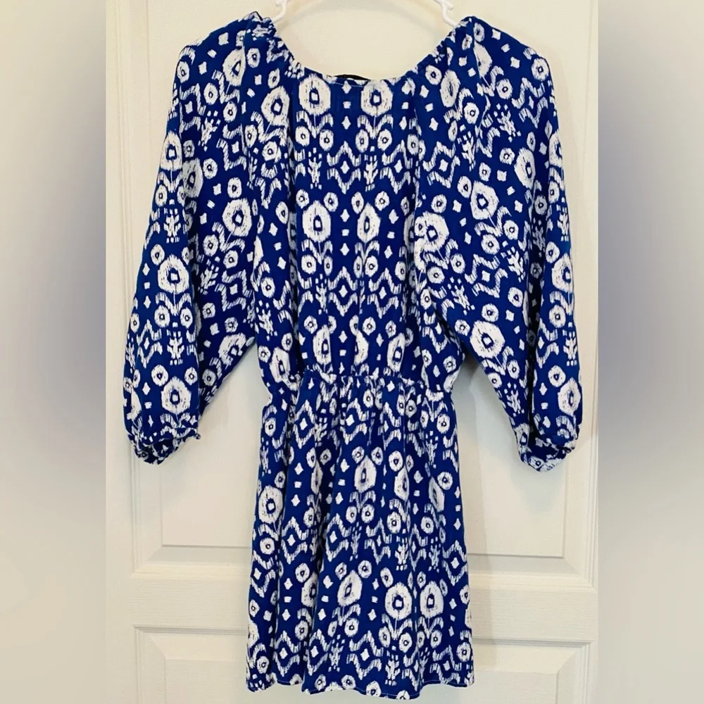 Zara Plunging Neck Royal Blue Print 1/2 Sleeves Short Linen Blend Romper ✨
